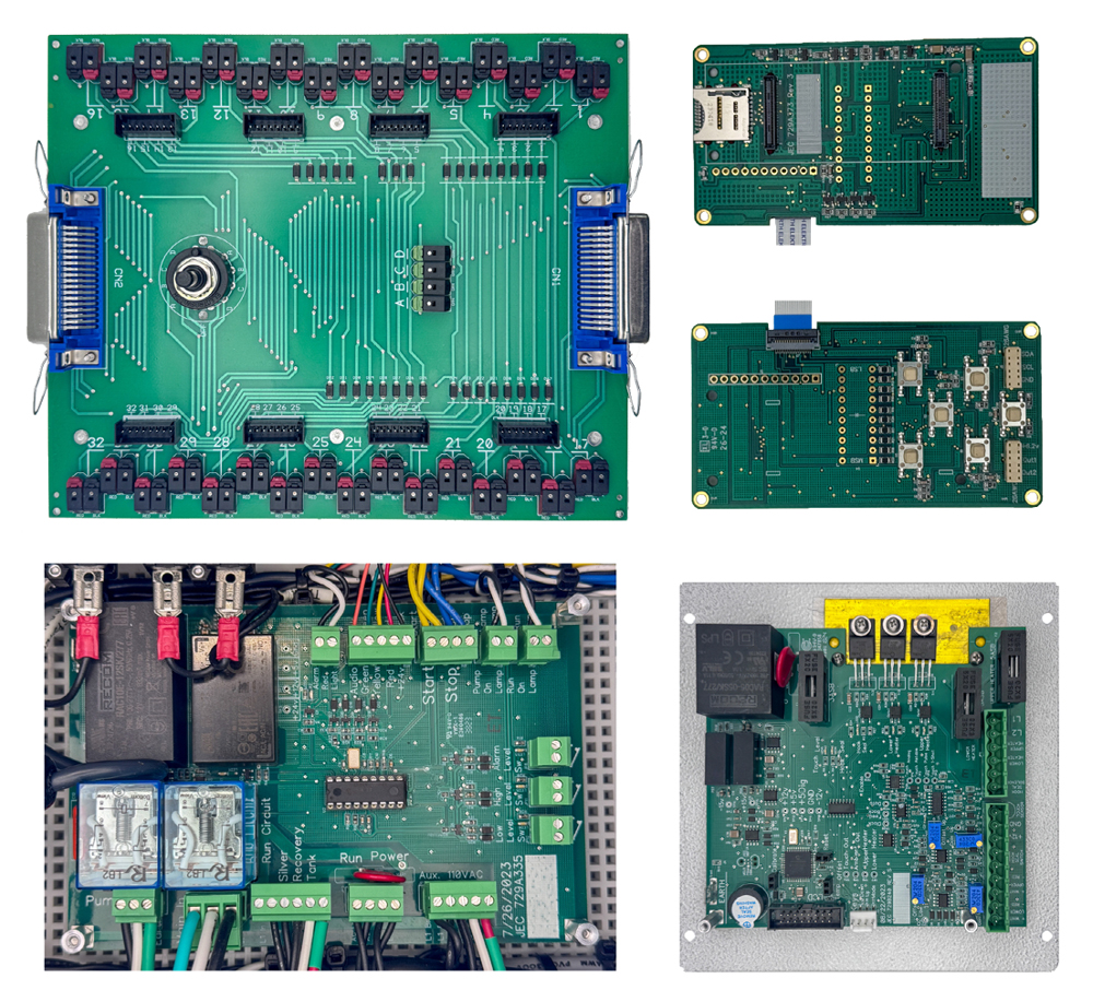 collage of oem electronic boards assembled by journey electronics, including arduino interface, heat sealer control, ignition controller, and precious metal recovery pcb